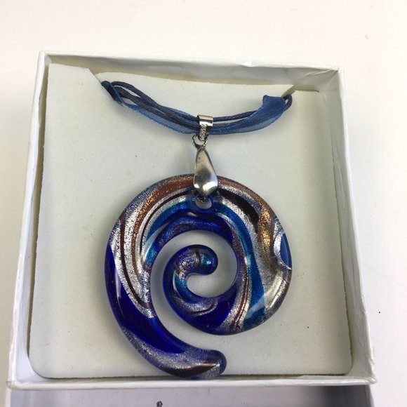 Glass Spiral Necklace Blue and Copper - Picture 3 of 5